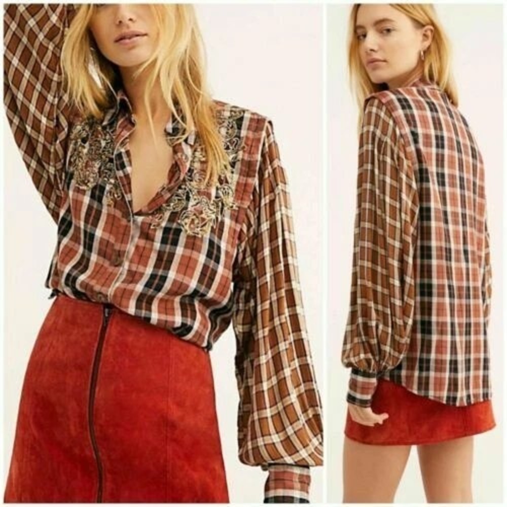 Free People M Copper Snow Top Mountain Plaid Sequin Shirt Button Up